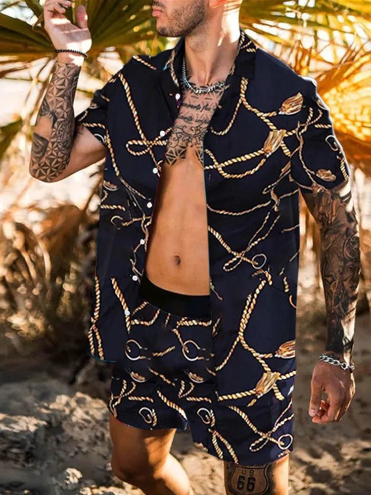 Men's designer two-piece beach set featuring a stylish print, O-neck top, and drawstring pants, perfect for casual beach outings.