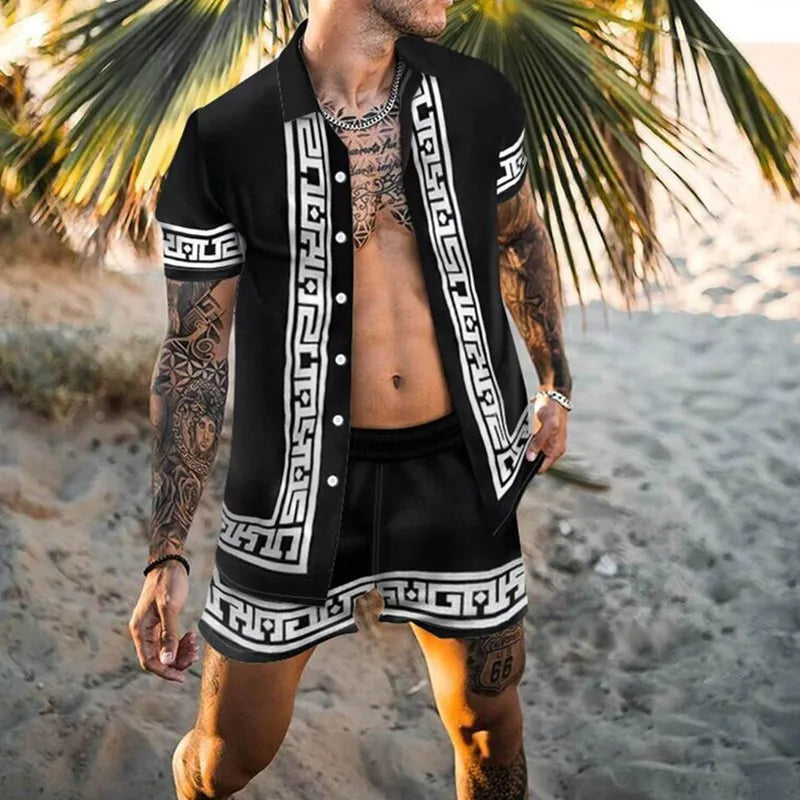 Men's designer two-piece beach set featuring a stylish print, O-neck top, and drawstring pants, perfect for casual beach outings.