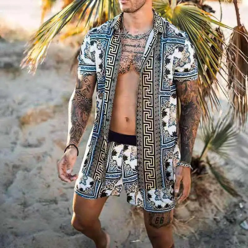 Men's designer two-piece beach set featuring a stylish print, O-neck top, and drawstring pants, perfect for casual beach outings.