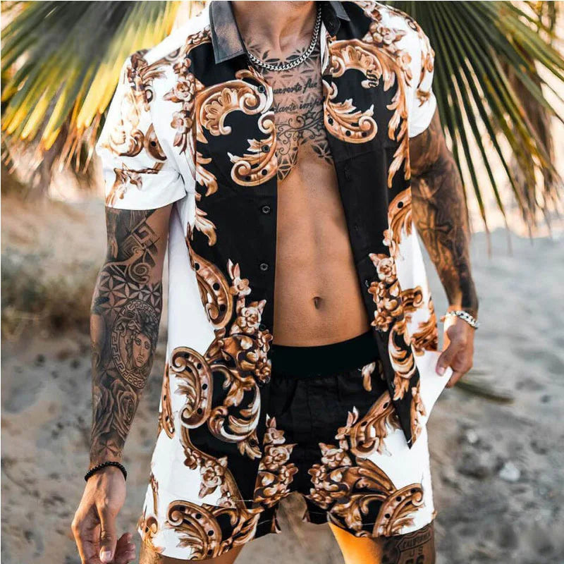 Men's designer two-piece beach set featuring a stylish print, O-neck top, and drawstring pants, perfect for casual beach outings.