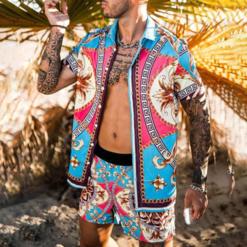 Men's designer two-piece beach set featuring a stylish print, O-neck top, and drawstring pants, perfect for casual beach outings.