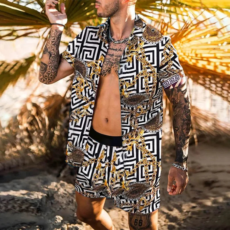 Men's designer two-piece beach set featuring a stylish print, O-neck top, and drawstring pants, perfect for casual beach outings.