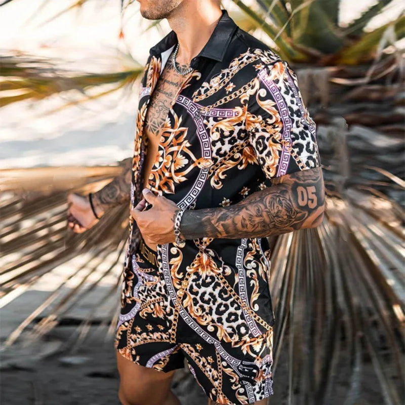 Men's designer two-piece beach set featuring a stylish print, O-neck top, and drawstring pants, perfect for casual beach outings.