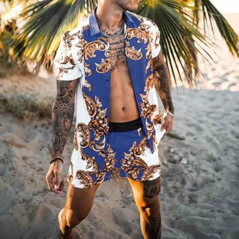 Men's designer two-piece beach set featuring a stylish print, O-neck top, and drawstring pants, perfect for casual beach outings.