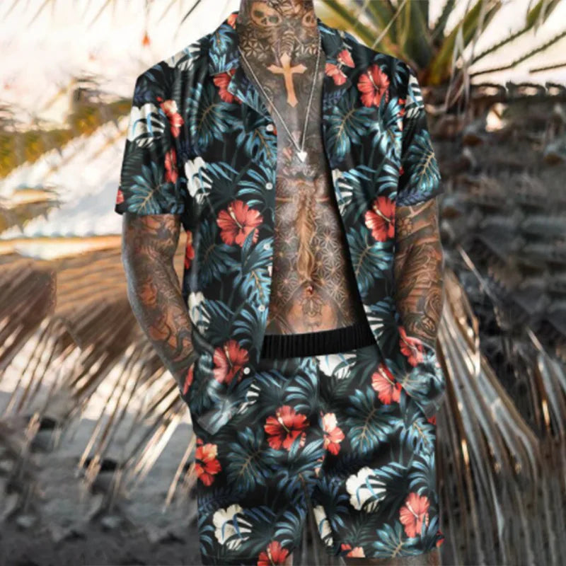 Men's designer two-piece beach set featuring a stylish print, O-neck top, and drawstring pants, perfect for casual beach outings.