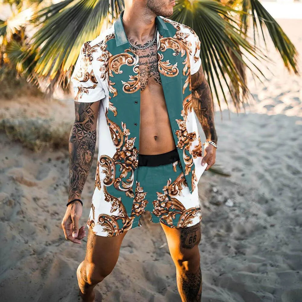 Men's designer two-piece beach set featuring a stylish print, O-neck top, and drawstring pants, perfect for casual beach outings.