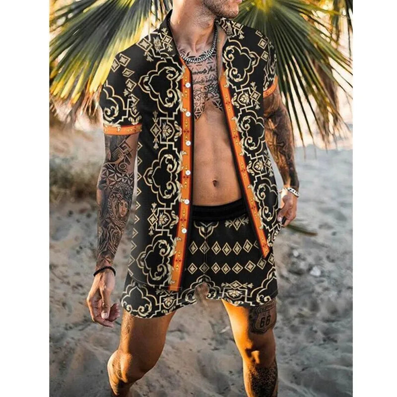 Men's designer two-piece beach set featuring a stylish print, O-neck top, and drawstring pants, perfect for casual beach outings.