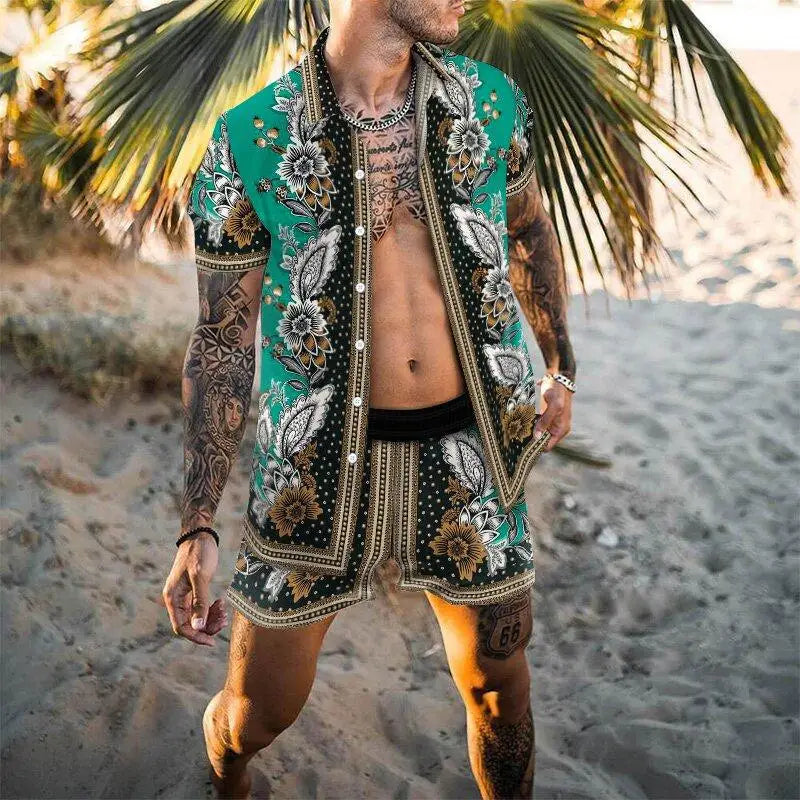 Men's designer two-piece beach set featuring a stylish print, O-neck top, and drawstring pants, perfect for casual beach outings.