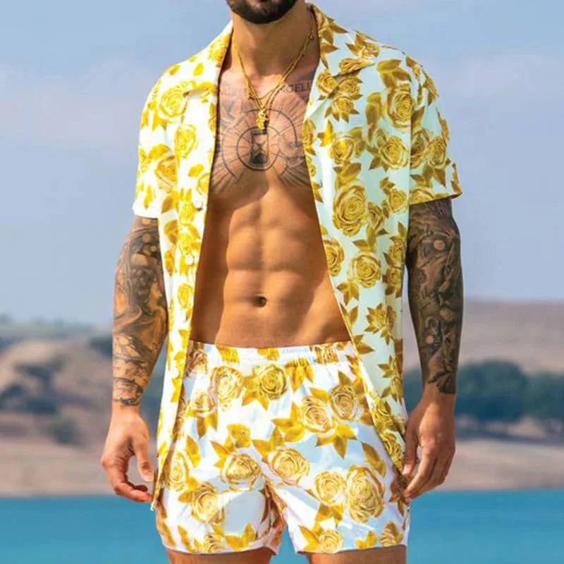 Men's designer two-piece beach set featuring a stylish print, O-neck top, and drawstring pants, perfect for casual beach outings.