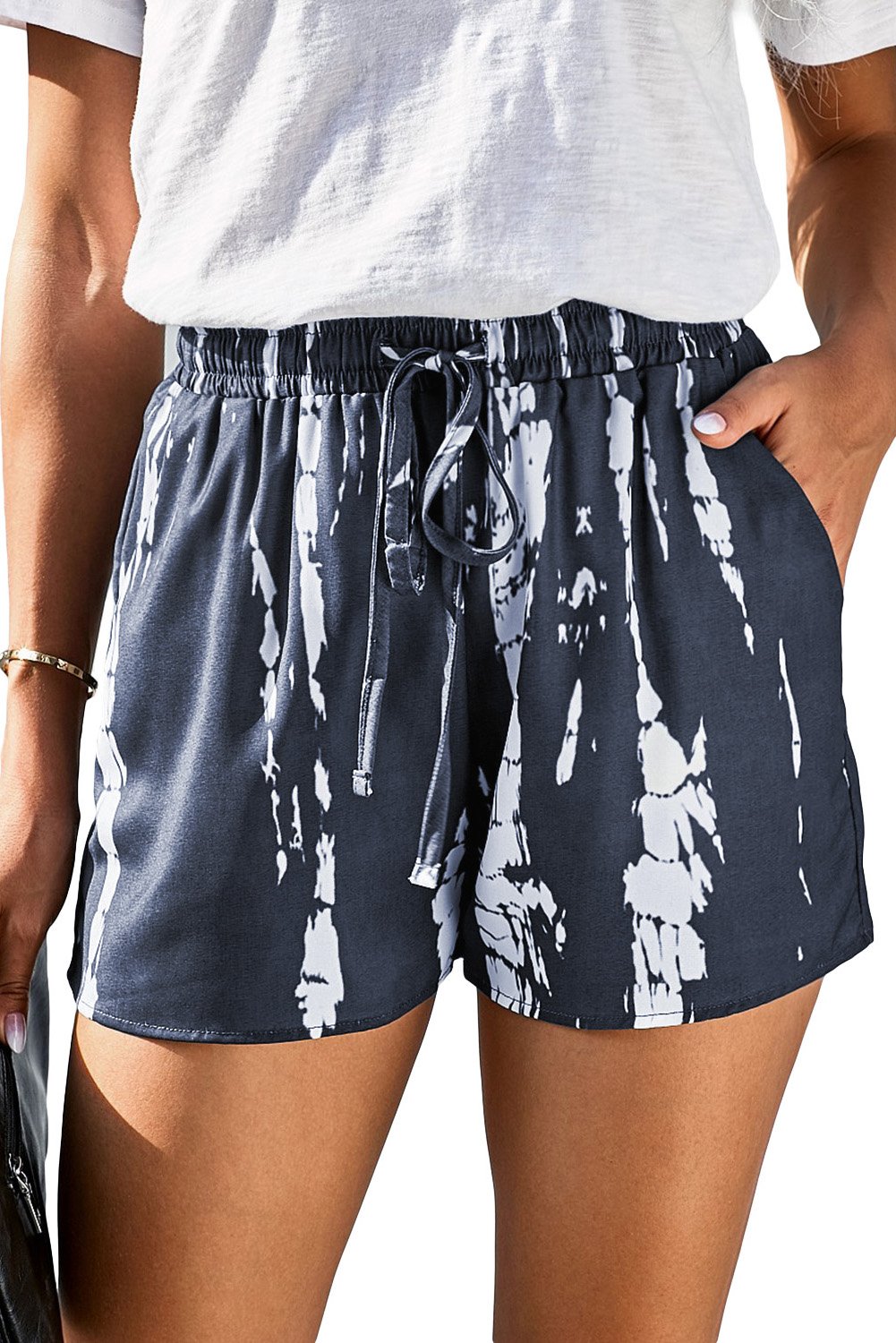 Gray and white tie dye casual shorts with drawstring waistband and side pockets, perfect for summer wear.