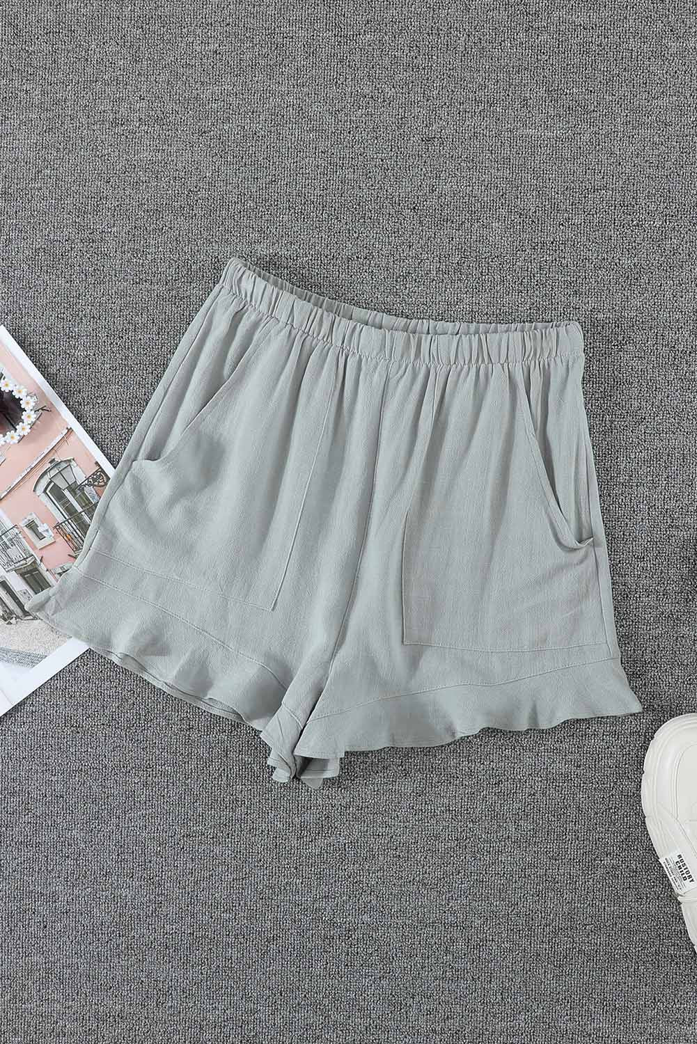 Main Summer Gray Blue Pocketed Flutter Linen Cotton Shorts image