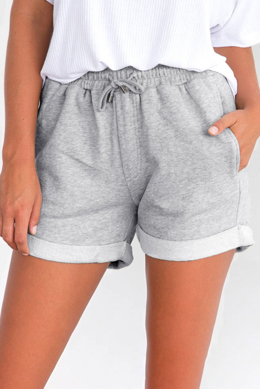 Main Summer Women Gray Tie Waist Side Pockets Cuffed Lounge Shorts image