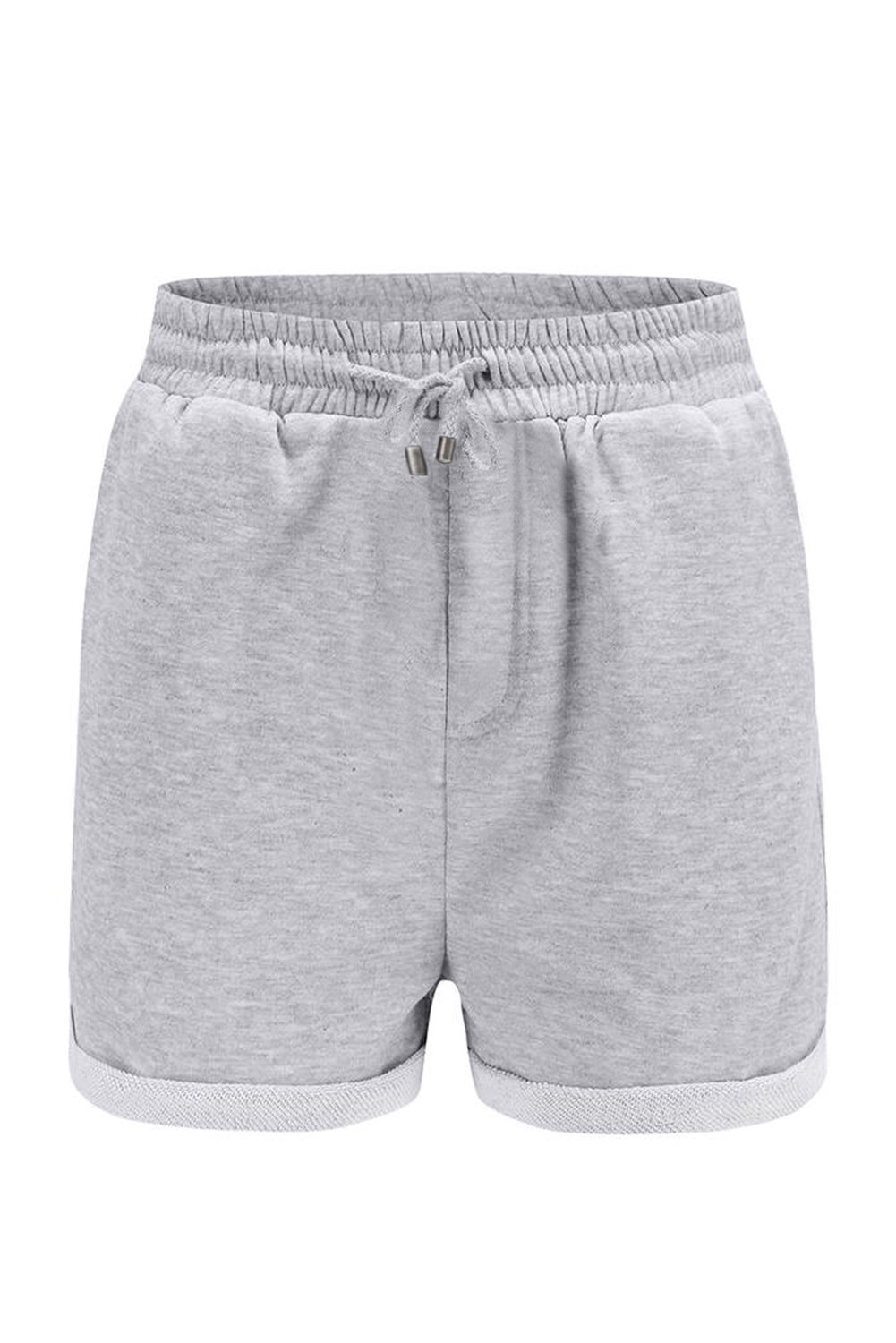 A pair of gray cuffed lounge shorts for women featuring a tie waist and side pockets, perfect for summer wear.