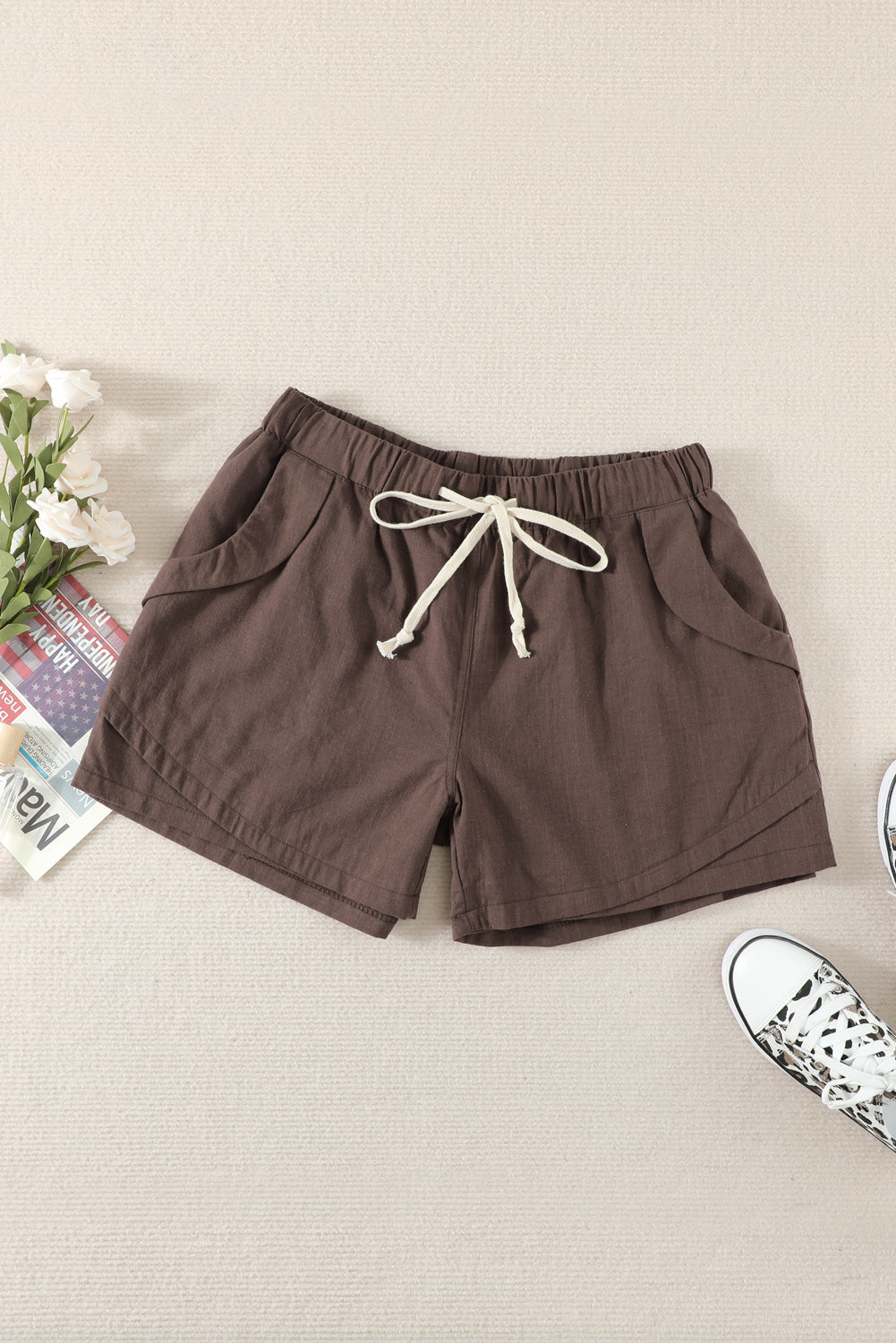 Women Casual Khaki Faylin Linen Shorts featuring an elasticised waist, drawstring, and side pockets, perfect for summer wear.