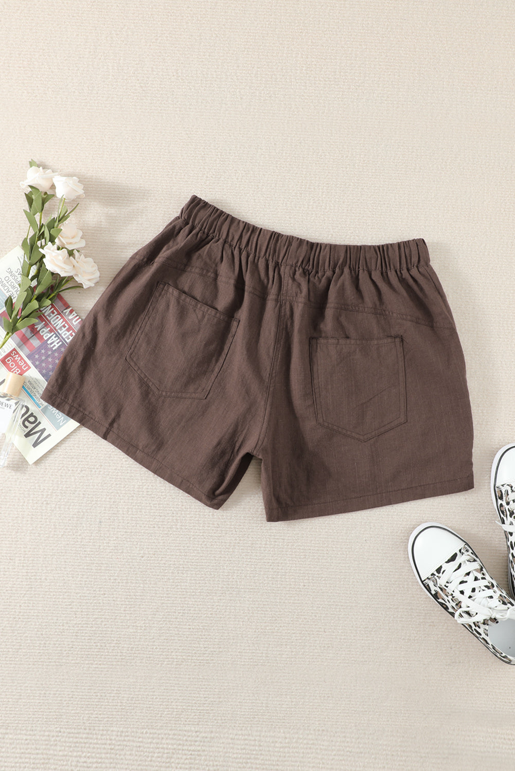 Women Casual Khaki Faylin Linen Shorts featuring an elasticised waist, drawstring, and side pockets, perfect for summer wear.