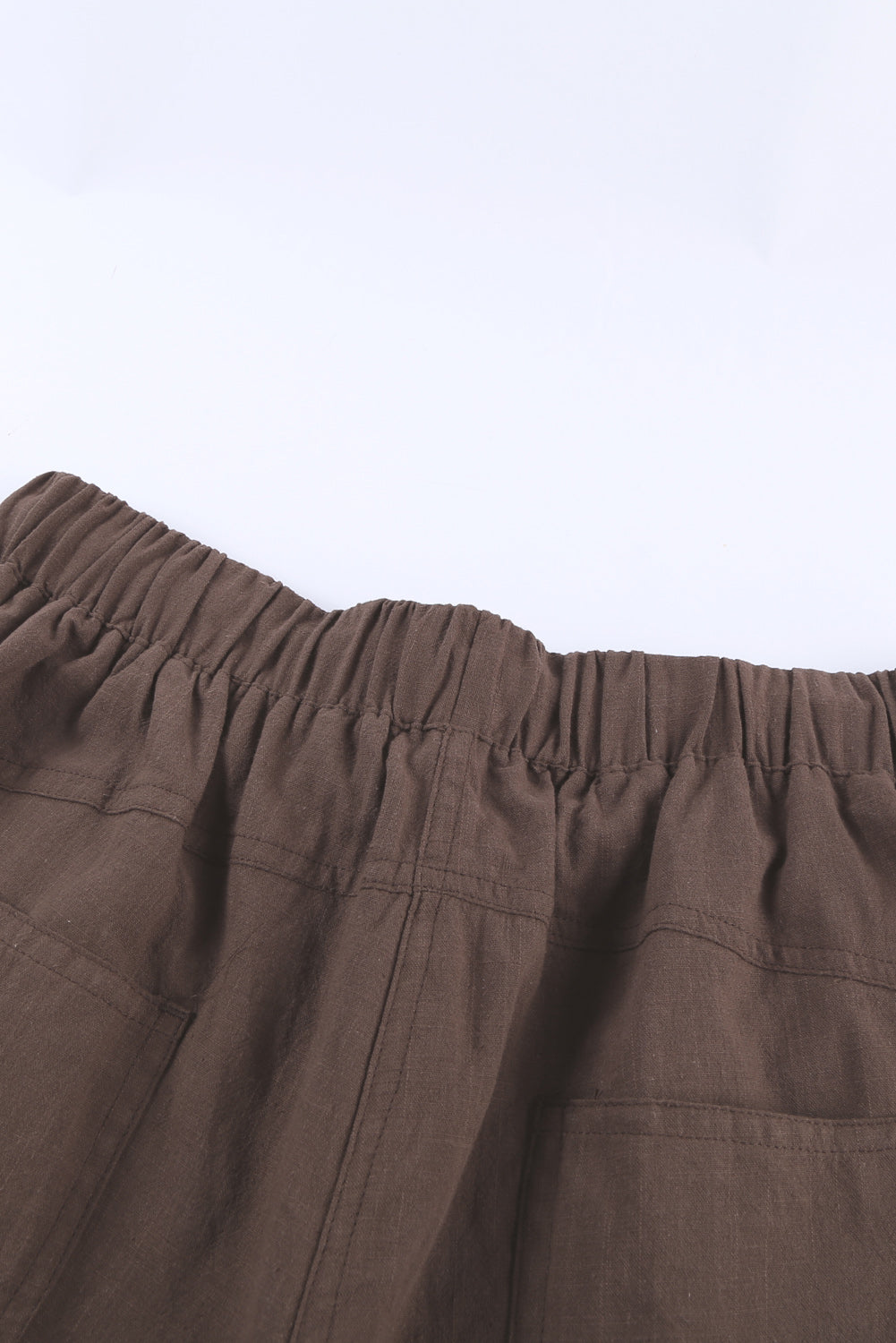 Women Casual Khaki Faylin Linen Shorts featuring an elasticised waist, drawstring, and side pockets, perfect for summer wear.