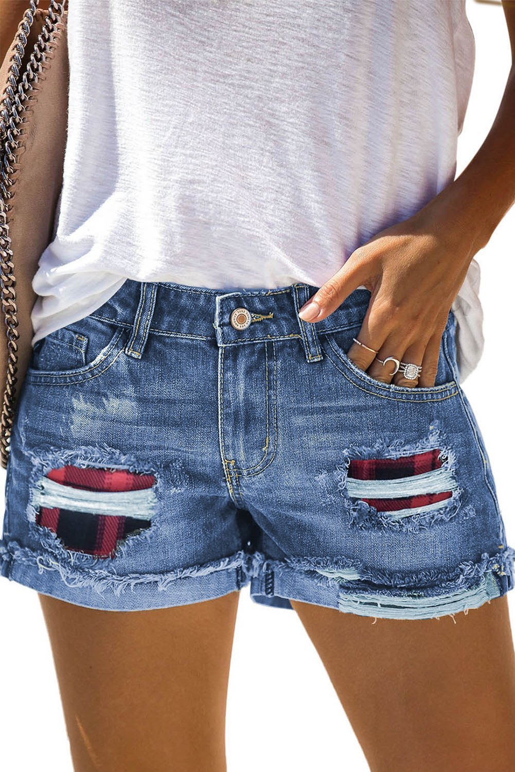 Women's Blue Red Plaid Patchwork Rolled Hem Denim Shorts featuring distressed detailing and a mid-rise relaxed fit, perfect for summer wear.