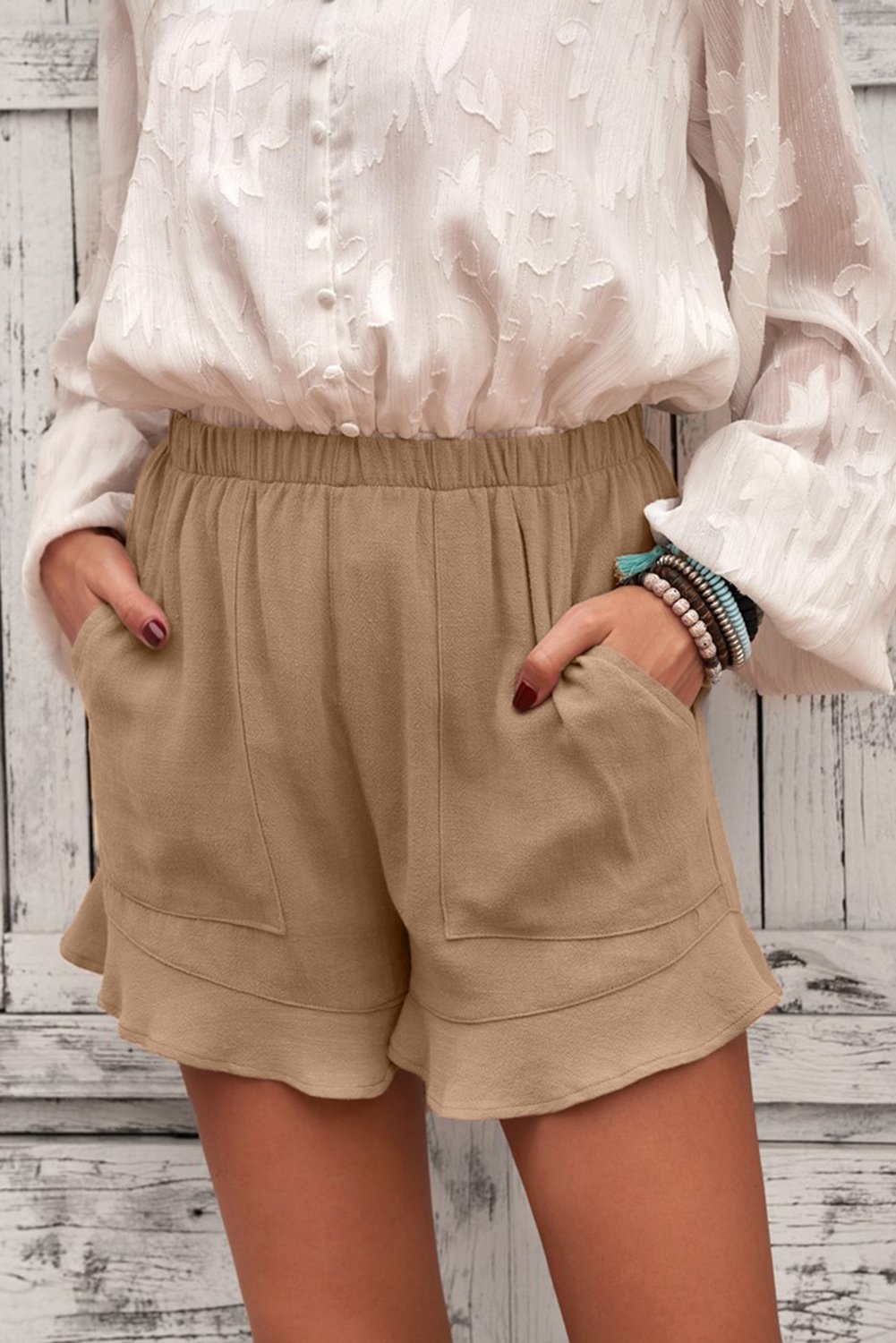 Main Women's Casual Pocketed Flutter Khaki Linen Cotton Shorts image