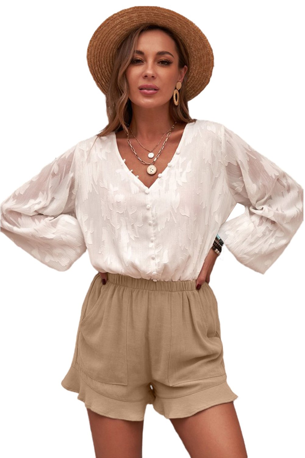 A pair of Women's Casual Pocketed Flutter Khaki Linen Cotton Shorts featuring a soft fabric, elastic waistband, and stylish ruffled hem, perfect for summer wear.