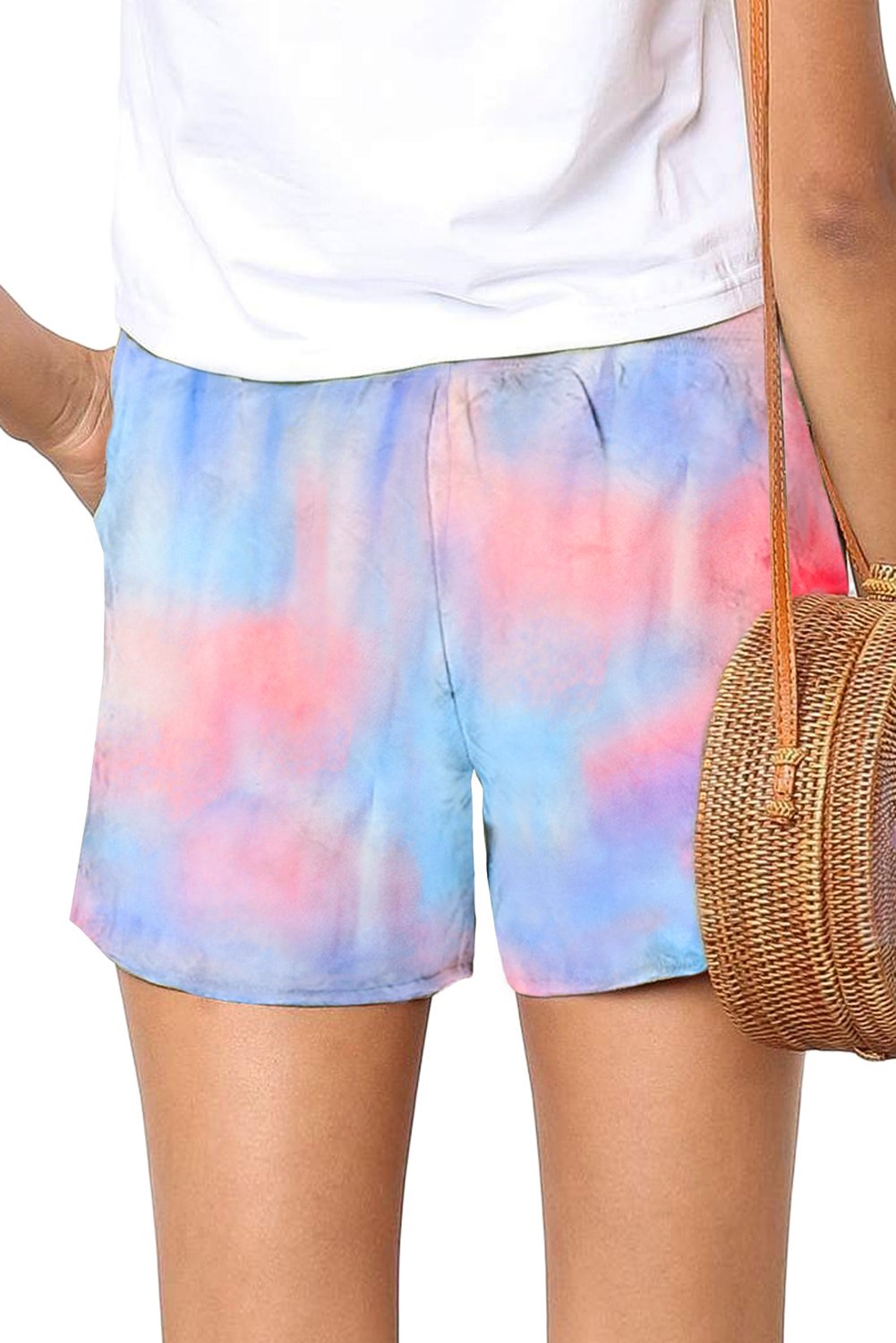 A pair of Women's Multicolor Tie Dye Casual Shorts featuring a vibrant tie dye pattern, elastic waistband, and pockets, perfect for summer wear.