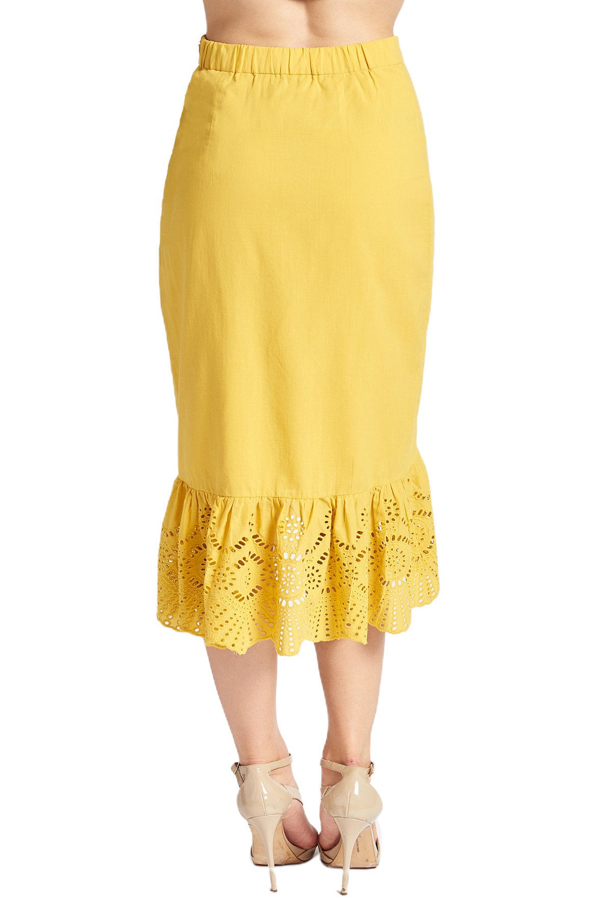 Aster Skirt in marigold, featuring cotton eyelet fabric, asymmetric hi-lo design, and scalloped ruffle hem, perfect for summer outings.