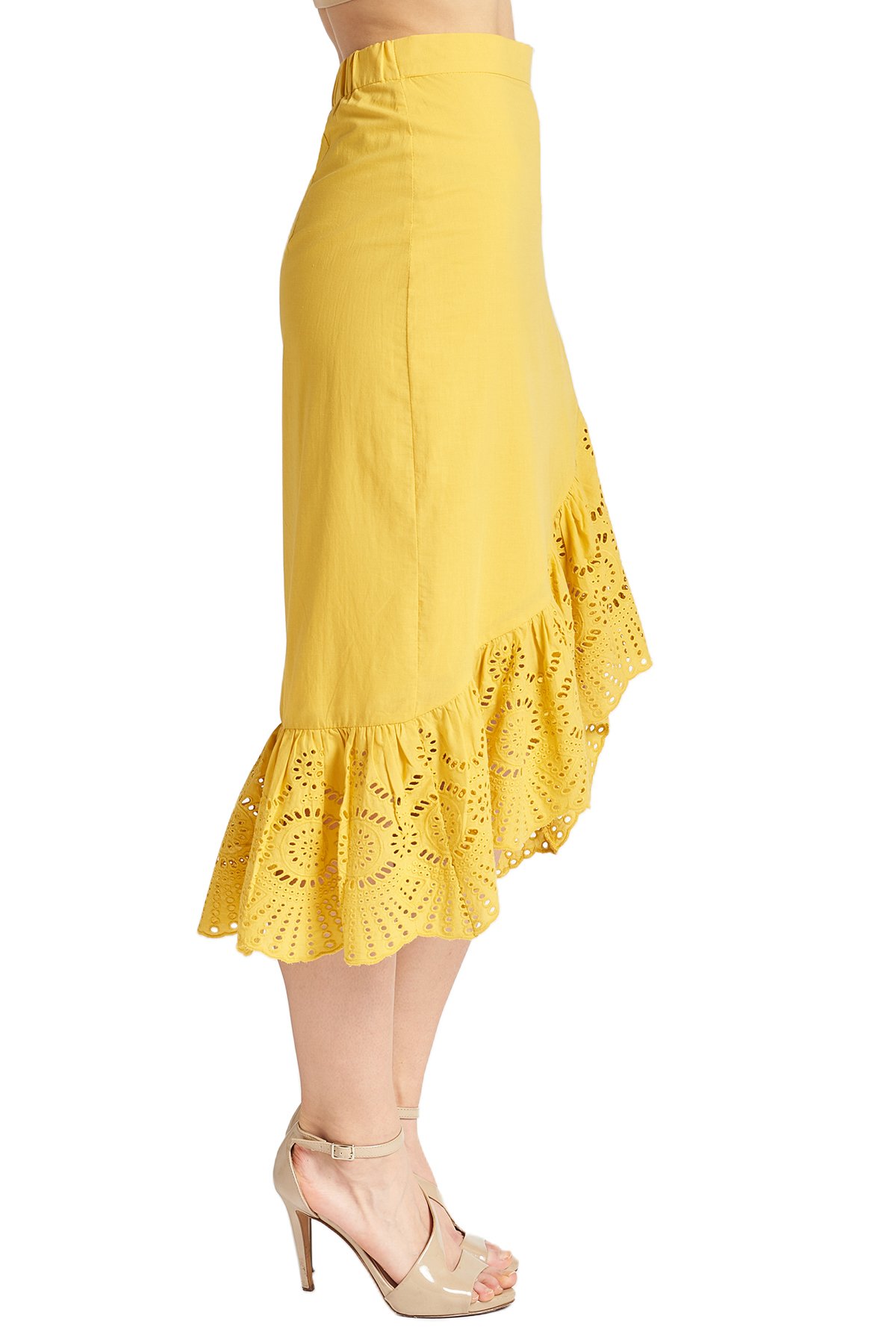 Aster Skirt in marigold, featuring cotton eyelet fabric, asymmetric hi-lo design, and scalloped ruffle hem, perfect for summer outings.