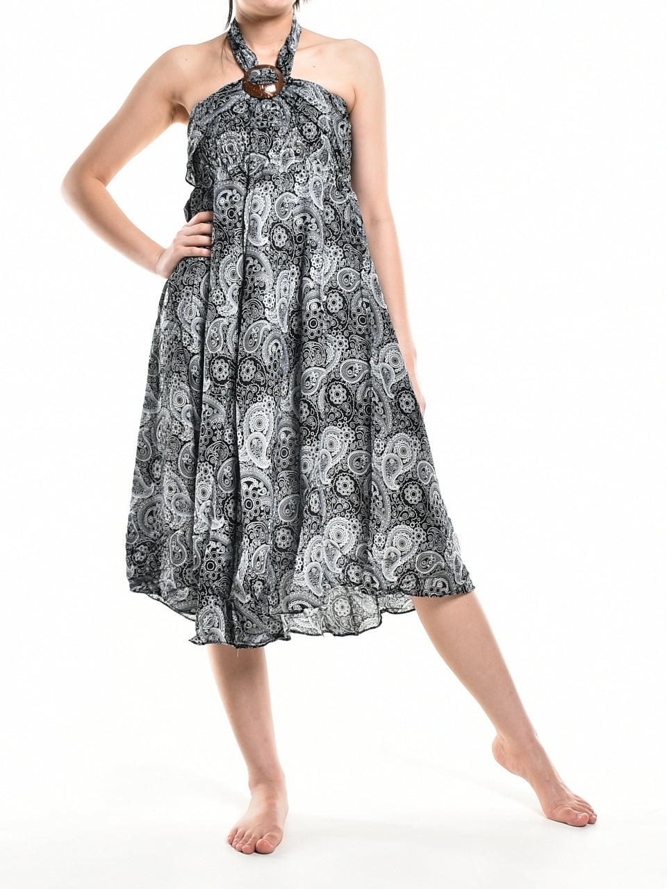 Bohotusk Black Orbit Long Skirt featuring a coconut buckle and smocked waist, styled as a strapless dress.