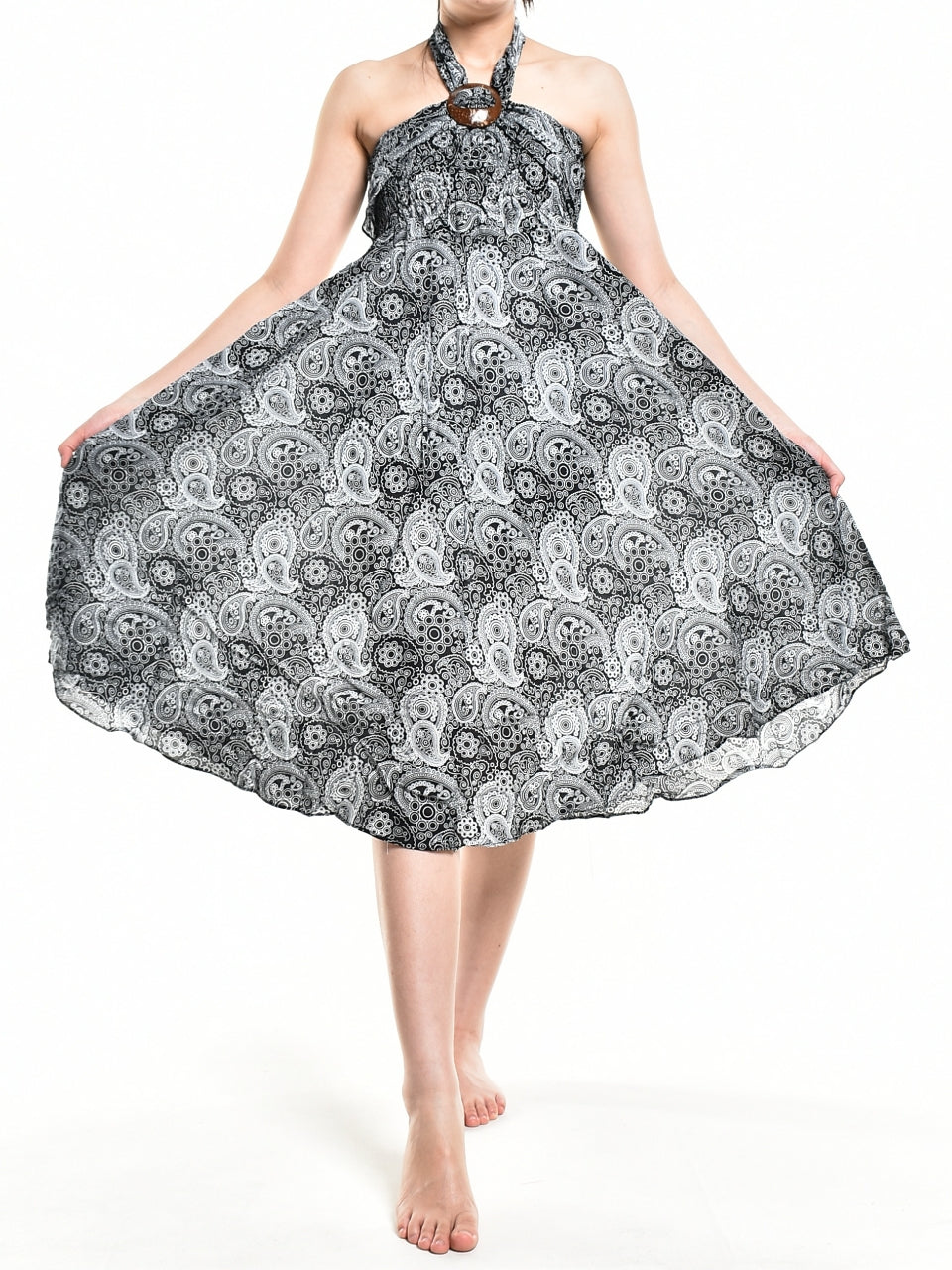 Bohotusk Black Orbit Long Skirt featuring a coconut buckle and smocked waist, styled as a strapless dress.