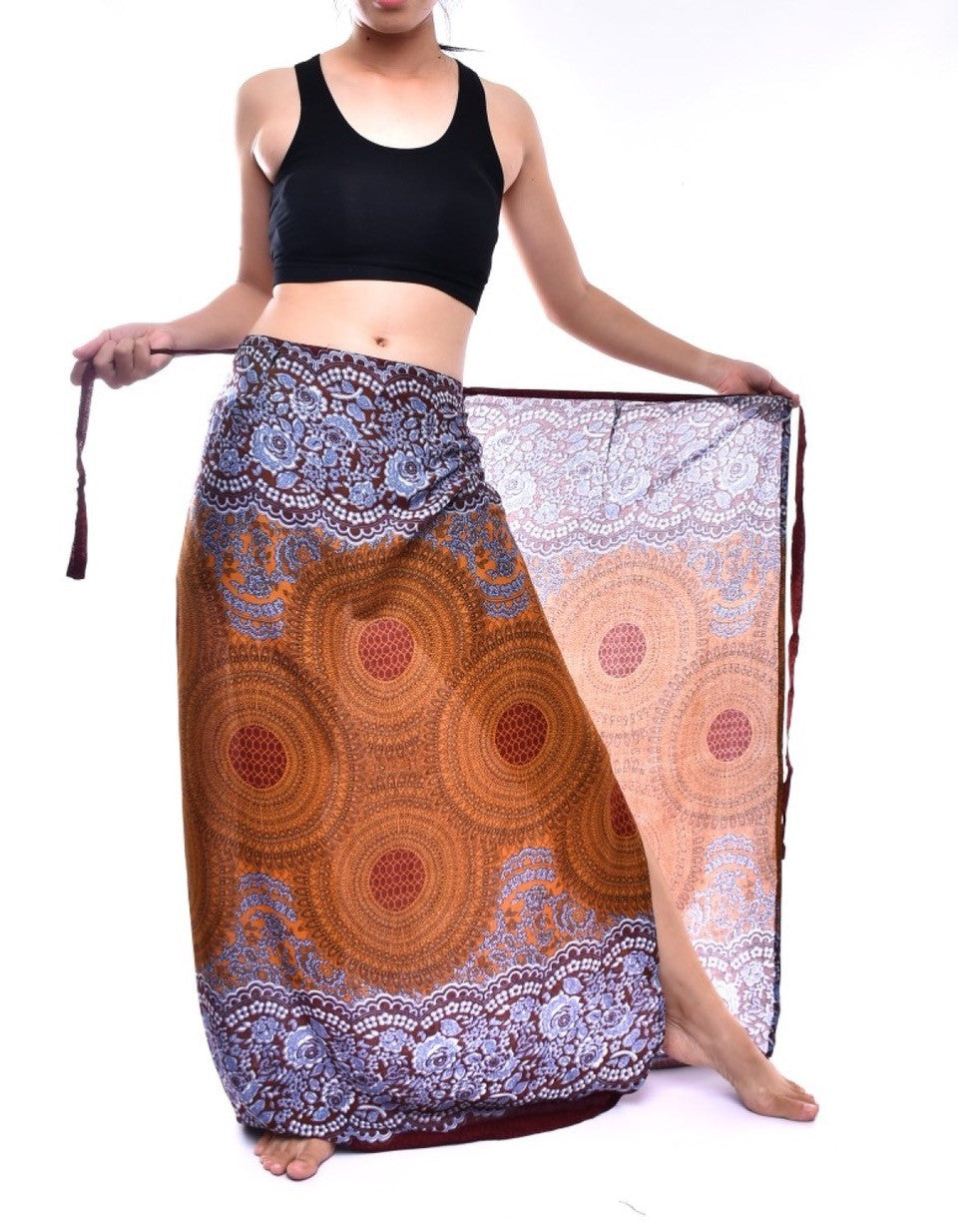 Bohotusk Brown Sun Glow Sarong featuring a tie waist design, made from soft Royal Thai Rayon, perfect for beach or poolside wear.