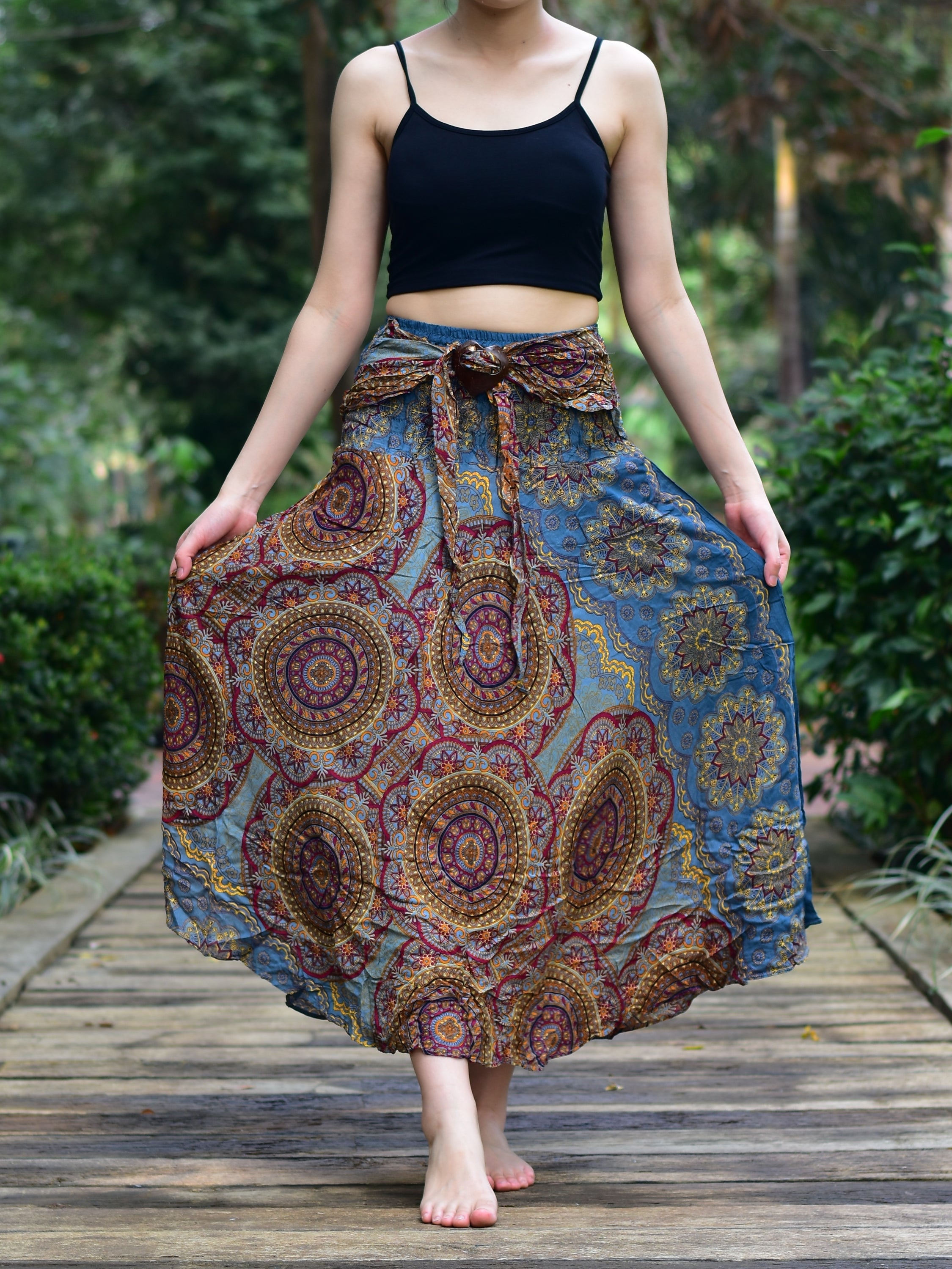 Bohotusk Grey Solar Circle Long Skirt featuring a coconut buckle and smocked waist, styled as a strapless dress.