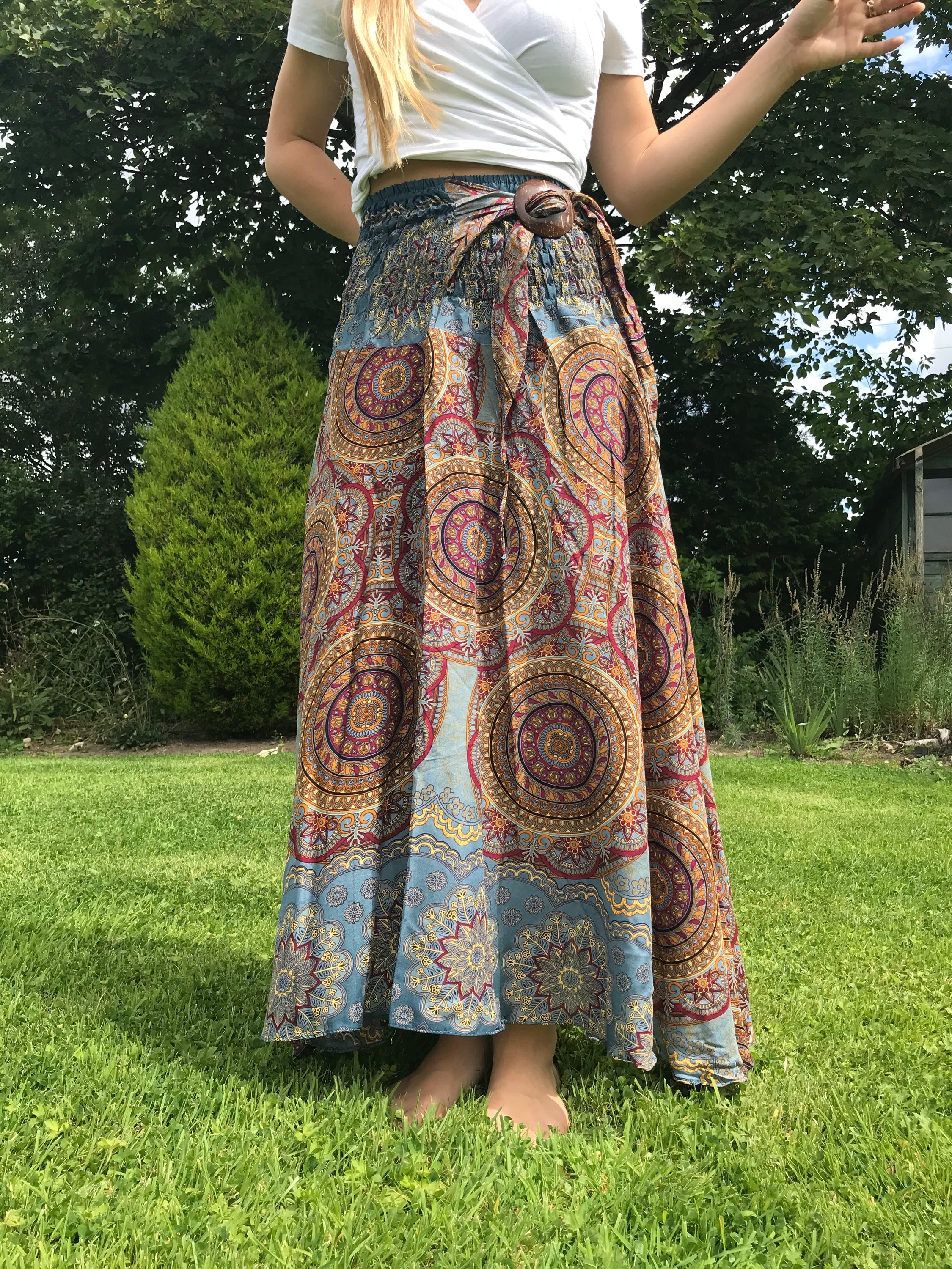 Bohotusk Grey Solar Circle Long Skirt featuring a coconut buckle and smocked waist, styled as a strapless dress.