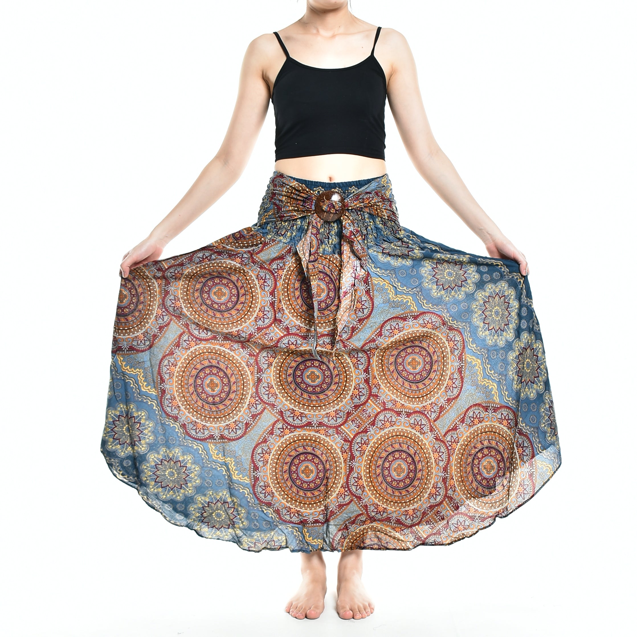 Bohotusk Grey Solar Circle Long Skirt featuring a coconut buckle and smocked waist, styled as a strapless dress.