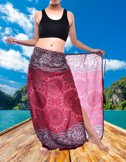 Bohotusk Red Sun Glow Sarong, super soft fabric with vibrant elephant print, measuring 150cm x 110cm, featuring a tie waist design.