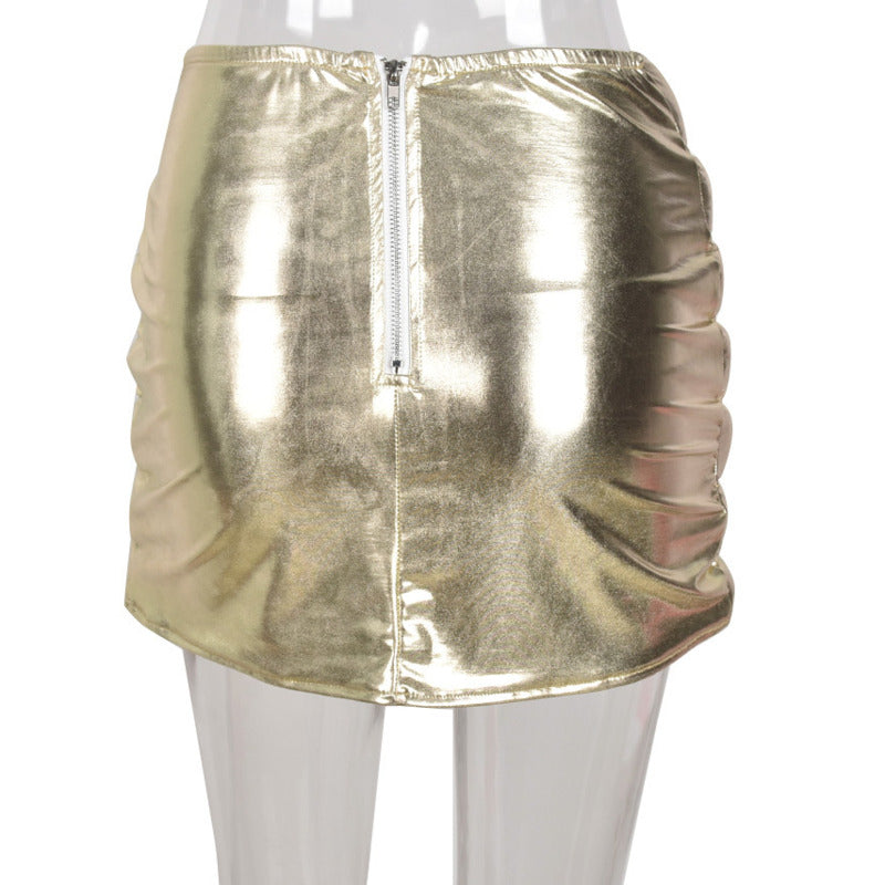 Champagne Women's Puffer Skirt featuring a metallic shiny finish, warm quilted design, and zipper closure, perfect for stylish outings.