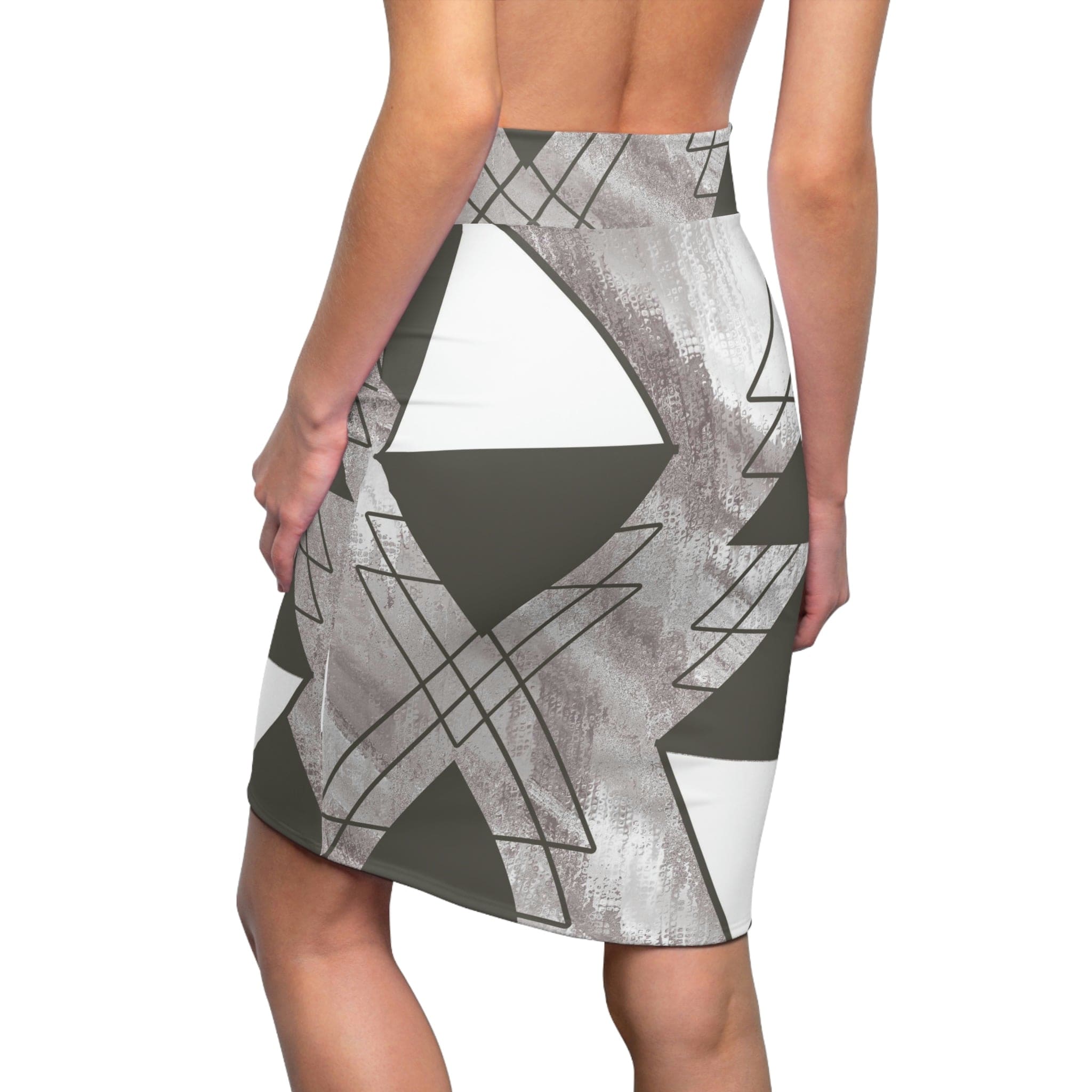 High Waist Women's Pencil Skirt in ash grey and white, showcasing contour stretch design for a flattering fit.