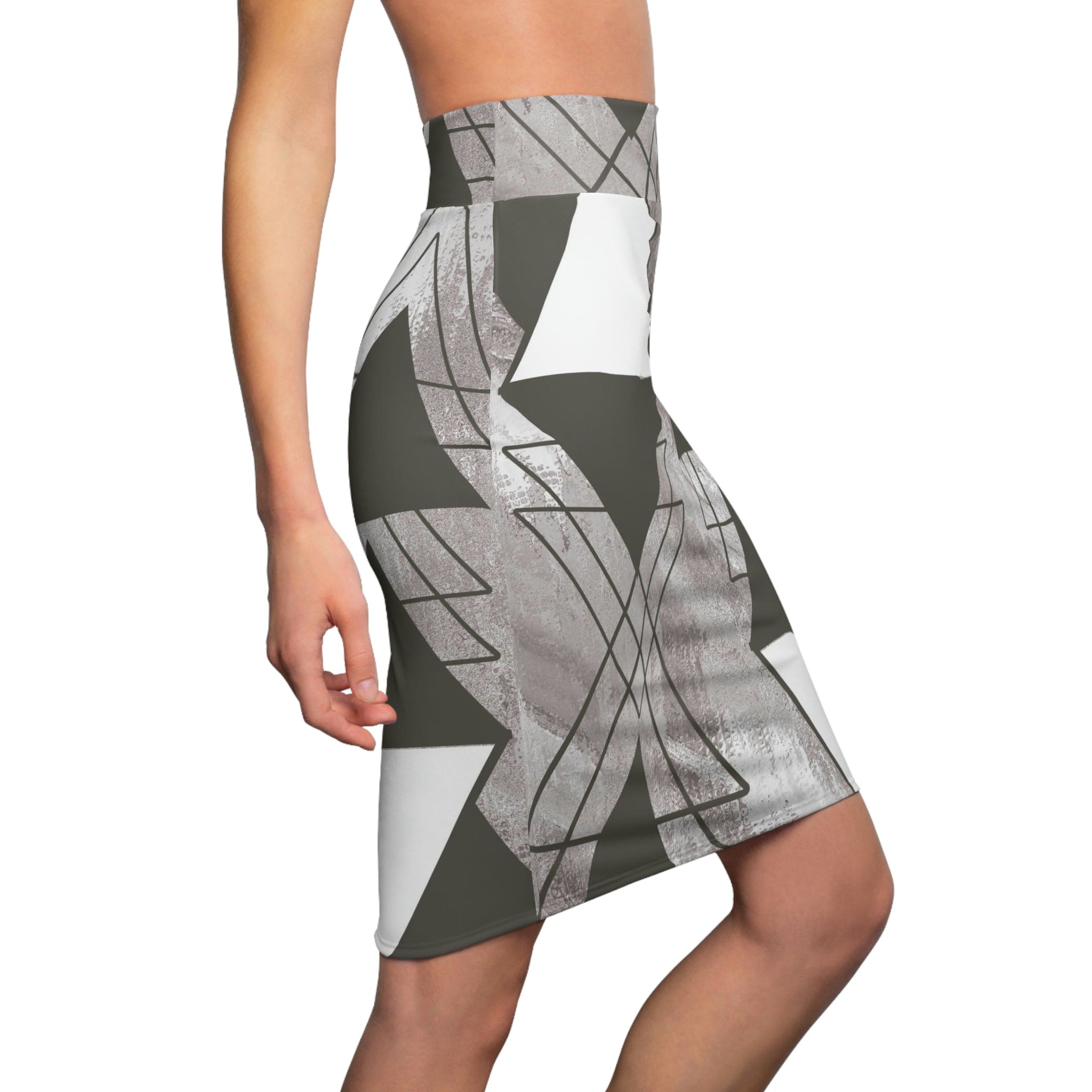 High Waist Women's Pencil Skirt in ash grey and white, showcasing contour stretch design for a flattering fit.