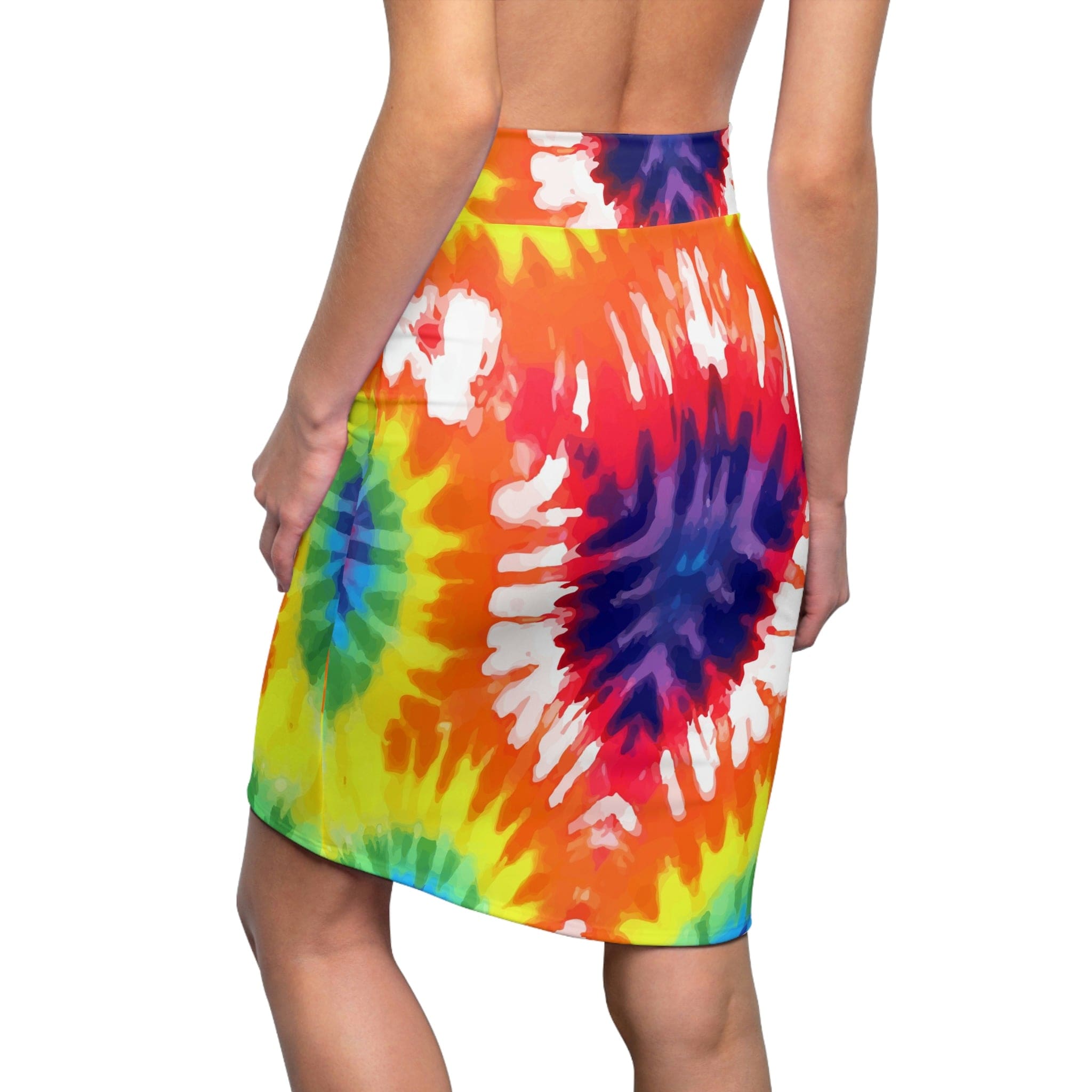 High Waist Women's Pencil Skirt featuring a colorful psychedelic rainbow pattern, designed for comfort and style.