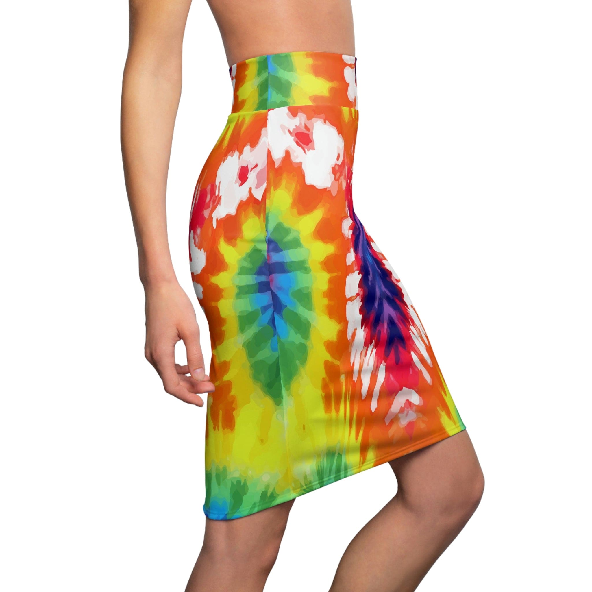 High Waist Women's Pencil Skirt featuring a colorful psychedelic rainbow pattern, designed for comfort and style.