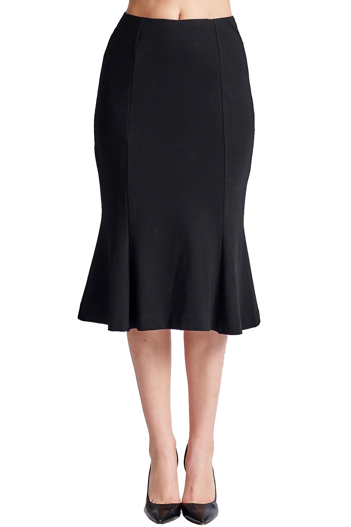 Sarit Skirt - Seamed Ponte mermaid midi skirt showcasing a trumpet flare hem, designed to accentuate curves, made from a comfortable rayon, nylon, and spandex blend.