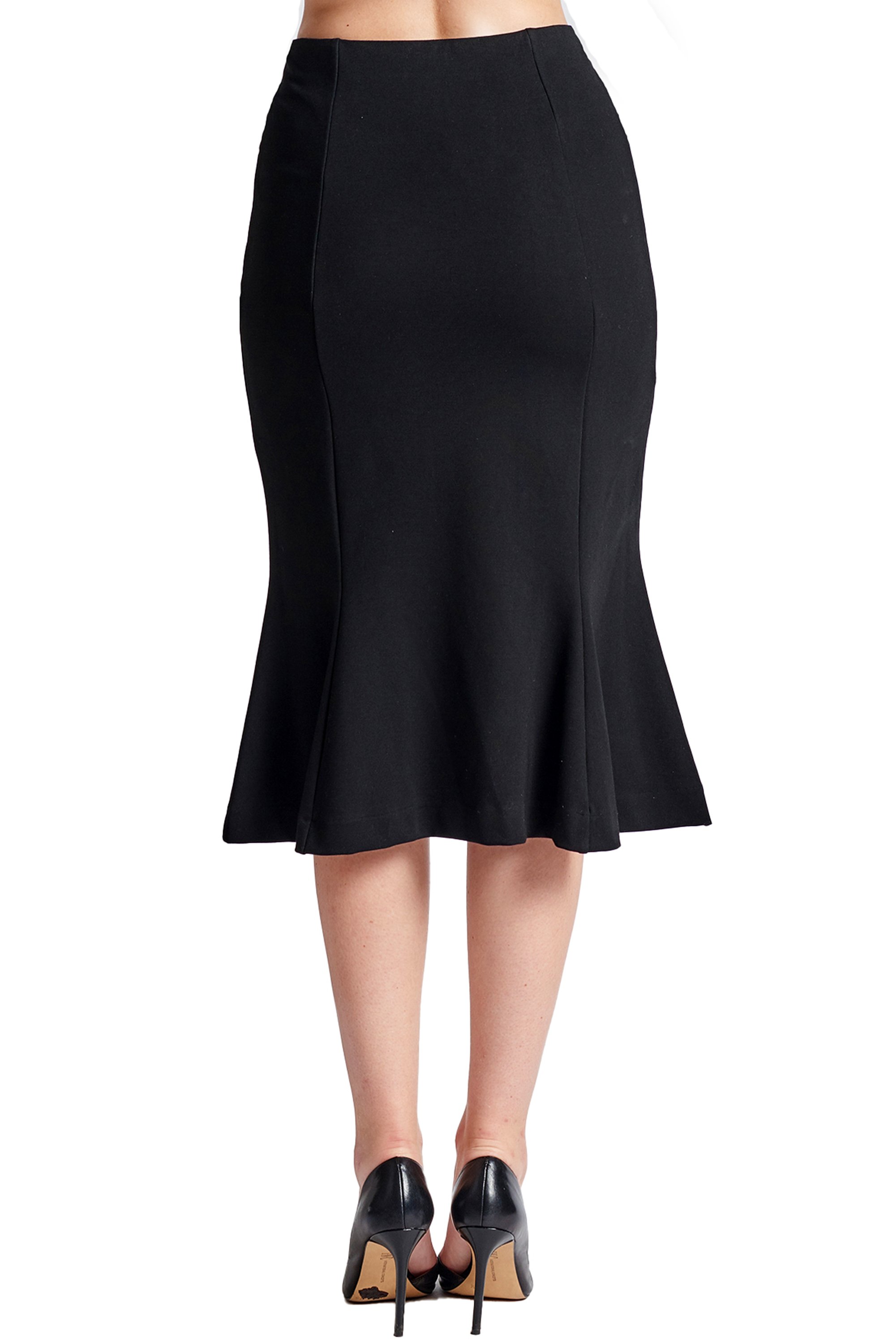 Sarit Skirt - Seamed Ponte mermaid midi skirt showcasing a trumpet flare hem, designed to accentuate curves, made from a comfortable rayon, nylon, and spandex blend.