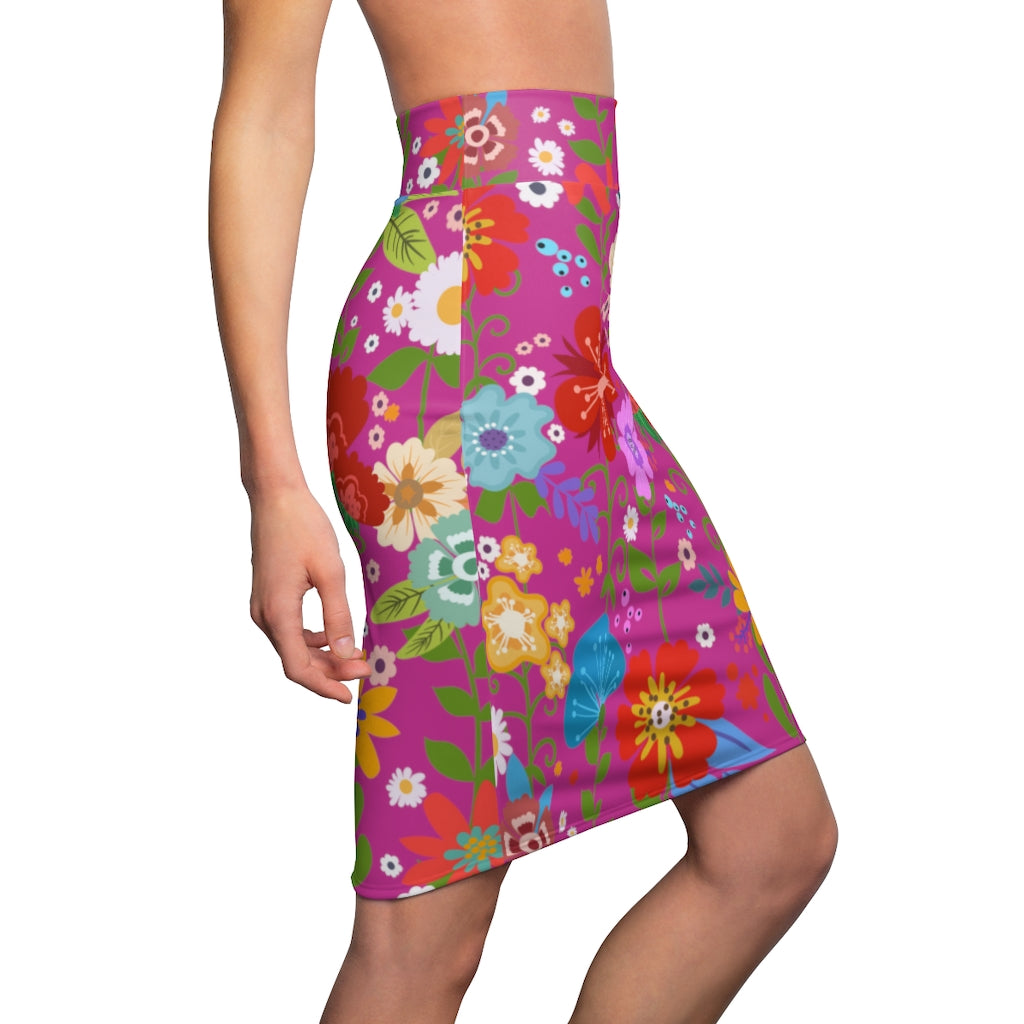 Uniquely You Women's Pencil Skirt featuring a high waist stretch design in a vibrant multicolor pattern, perfect for stylish occasions.