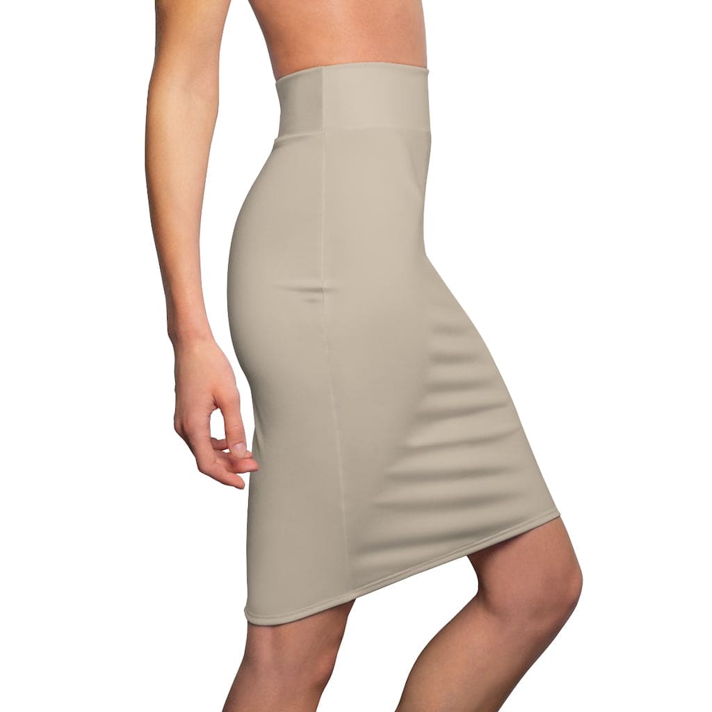 A stylish women's high-waisted light brown pencil skirt made of stretchy fabric, perfect for various occasions.