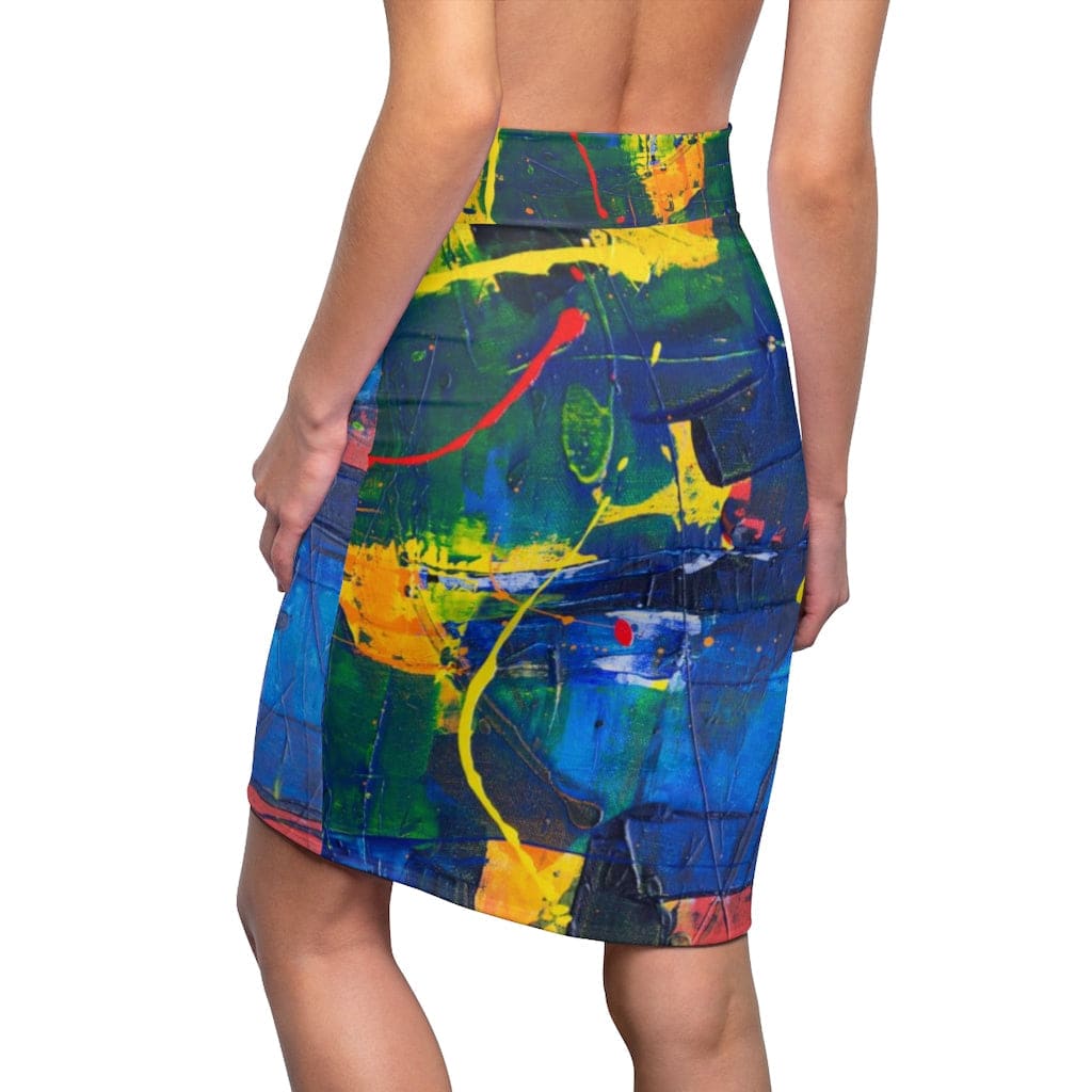 A stylish women's mini skirt featuring a high-waisted design and multicolor abstract pattern, made from a stretchy polyester blend.