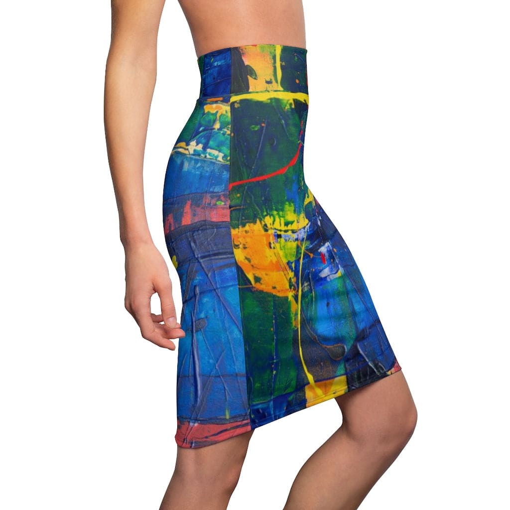 A stylish women's mini skirt featuring a high-waisted design and multicolor abstract pattern, made from a stretchy polyester blend.