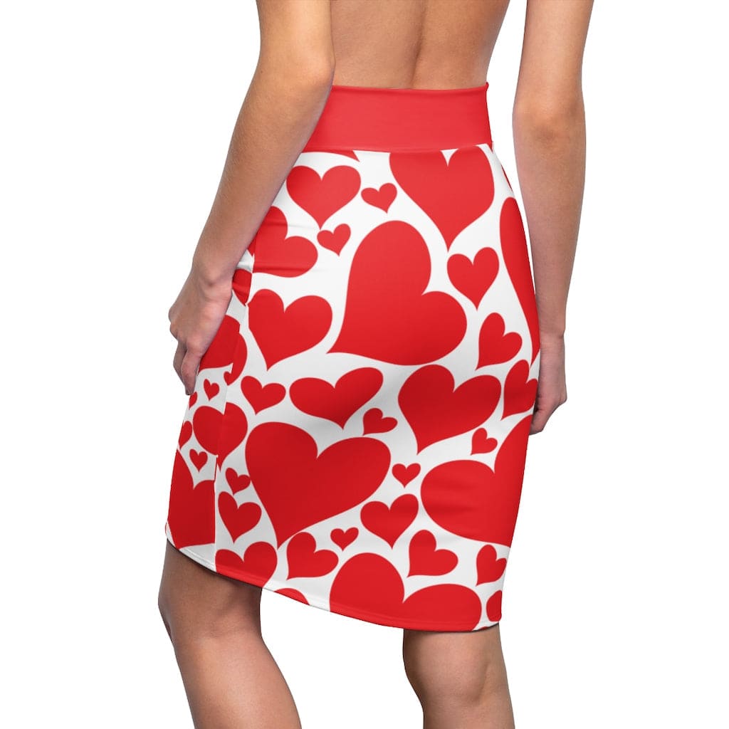 Love Red Hearts Womens Pencil Mini Skirt showcasing a stylish design with a vibrant red heart pattern.