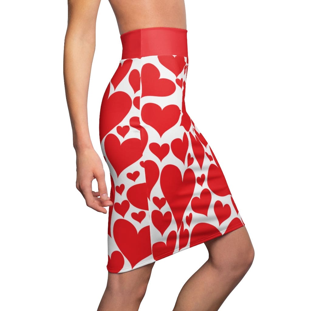 Love Red Hearts Womens Pencil Mini Skirt showcasing a stylish design with a vibrant red heart pattern.