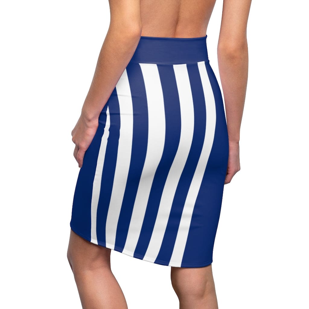 Women's blue and white striped pencil skirt with a stretch fit, featuring an elastic waistband and a stylish design.