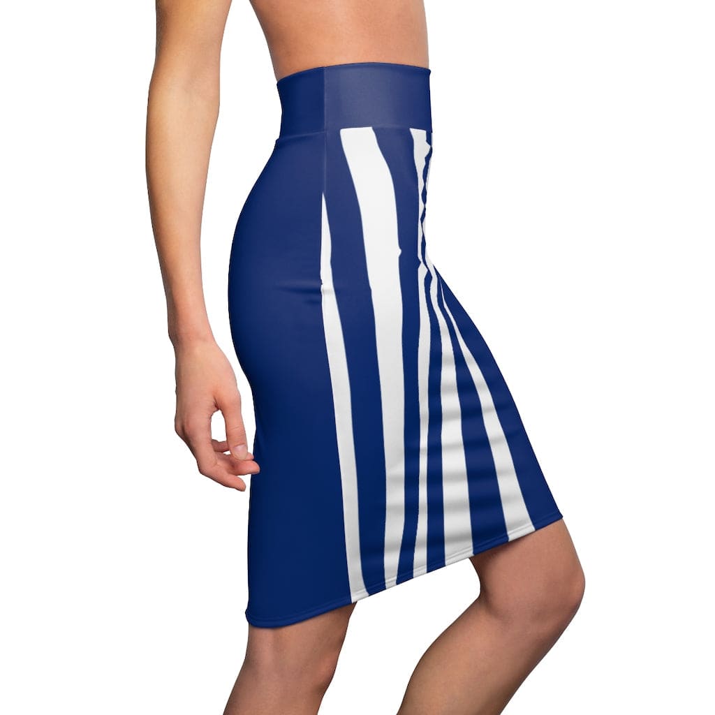 Women's blue and white striped pencil skirt with a stretch fit, featuring an elastic waistband and a stylish design.