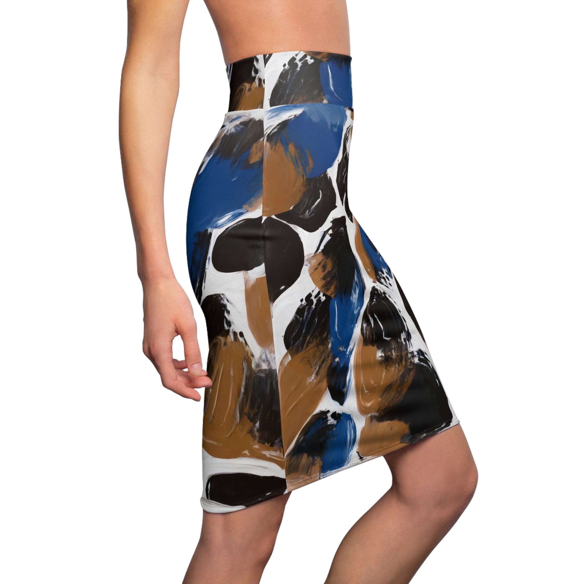 Women's pencil skirt featuring a dark blue and brown spotted abstract pattern, showcasing a sleek silhouette and modern design.