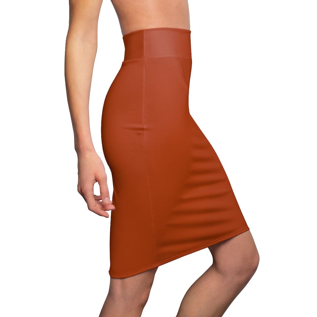 A stylish women's rust stretch mini pencil skirt featuring a mid-waist slim fit and elastic waistband, perfect for versatile outfits.